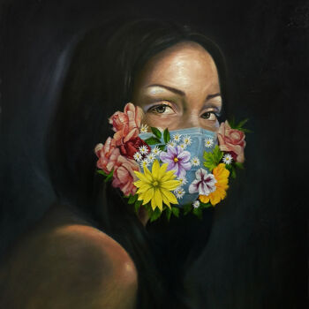 Painting titled "Love in Quarantine 1" by Nusret Aktay, Original Artwork, Oil Mounted on Wood Stretcher frame