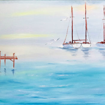 Painting titled "White Boats Paintin…" by Olga Chernetsova, Original Artwork, Oil