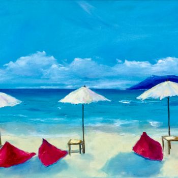 Malerei mit dem Titel "Beach Umbrellas Pai…" von Olga Chernetsova, Original-Kunstwerk, Öl