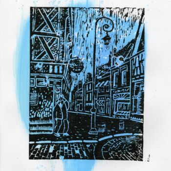 Printmaking titled "The man with the ph…" by Olga Sto, Original Artwork, Linocuts