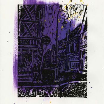 Printmaking titled "THE MAN WITH THE PH…" by Olga Sto, Original Artwork, Linocuts