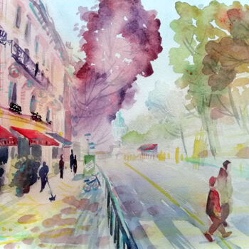 Painting titled "A large burgundy tr…" by Olga Sto, Original Artwork, Watercolor