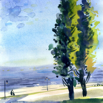 Картина под названием "Poplars on the emba…" - Olga Sto, Подлинное произведение искусства, Акварель
