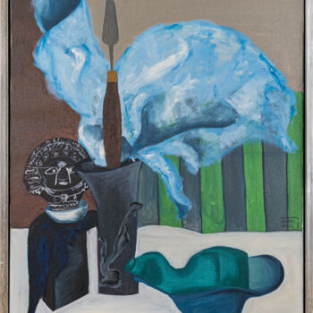 Schilderij getiteld "Blue" door Oana-Maria Paul, Origineel Kunstwerk, Olie Gemonteerd op Frame voor houten brancard