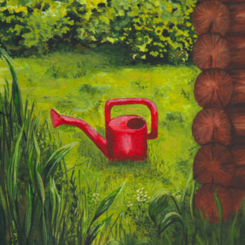 Картина под названием "Watering can in ras…" - Olga Dokuchaeva, Подлинное произведение искусства, Акварель Установлен на кар…