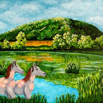 Malerei mit dem Titel "TWO DAPPLED GRAY HO…" von Olga Dokuchaeva, Original-Kunstwerk, Aquarell Auf Karton montiert