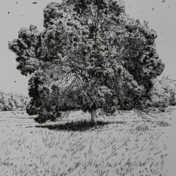 Tekening getiteld "A Tree in The Field" door Spartak Chernyshov, Origineel Kunstwerk, Inkt