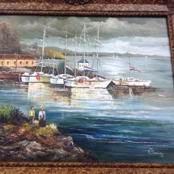 Painting titled "Sea and boat view, 2" by Octav Vornicu, Original Artwork, Oil