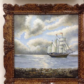 Painting titled "Ship and sea view." by Octav Vornicu, Original Artwork, Oil