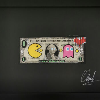 Painting titled "Money Pac" by Odart, Original Artwork, Acrylic Mounted on Wood Panel