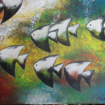 Painting titled "Droles de poissons" by Odette Carre (Etchevers M-J), Original Artwork, Acrylic Mounted on Wood Stretcher fr…