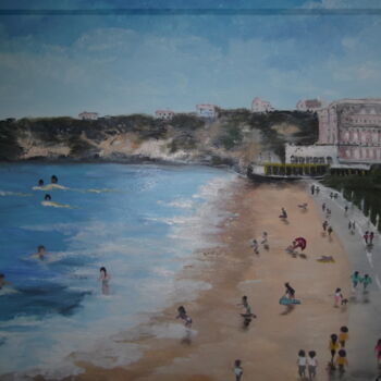 Peinture intitulée "Plage de Biarritz" par Odette Carre (Etchevers M-J), Œuvre d'art originale, Huile Monté sur Châssis en b…