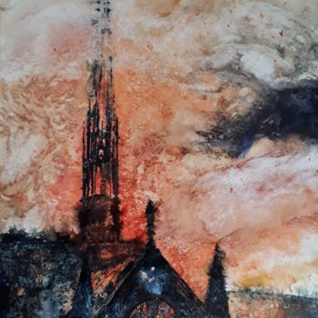 「Notre Dame en Feu」というタイトルの絵画 Aquarelles D'Ôによって, オリジナルのアートワーク, 水彩画