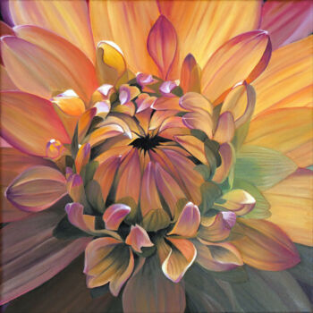 Painting titled "Dahlia 06" by Odile Faure, Original Artwork, Oil Mounted on Wood Stretcher frame
