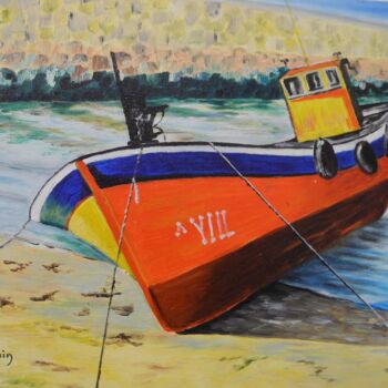 Painting titled "bateau en Espagne" by Odile Joguin, Original Artwork, Oil Mounted on Cardboard