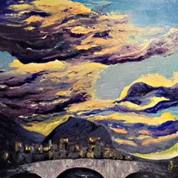 Schilderij getiteld "pont sur l'isère au…" door Odile Joguin, Origineel Kunstwerk, Olie Gemonteerd op Karton