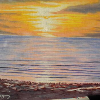 Peinture intitulée "plage de cabourg" par Odile Joguin, Œuvre d'art originale, Huile Monté sur Carton