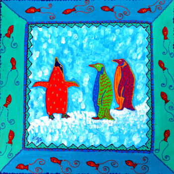 Schilderij getiteld ""3 pingouins" acryl…" door Odile Maffone, Origineel Kunstwerk, Acryl