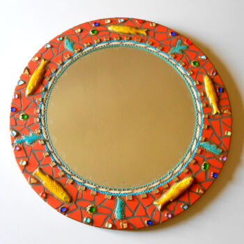 Design intitulée "miroir mosaïque ron…" par Odile Maffone, Œuvre d'art originale, Mosaïque Monté sur Panneau de bois