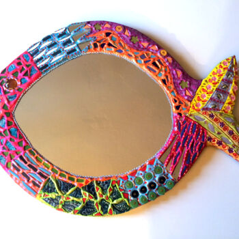 Design intitolato "miroir "poisson Coc…" da Odile Maffone, Opera d'arte originale, Mosaico Montato su Pannello di legno