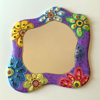 Design intitulée "miroir " blob fleur…" par Odile Maffone, Œuvre d'art originale, Mosaïque Monté sur Panneau de bois