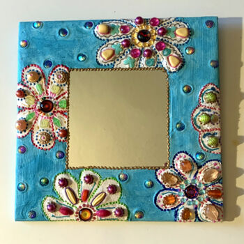 Design titled "miroir carré "fleur…" by Odile Maffone, Original Artwork, Mosaic Mounted on Wood Panel