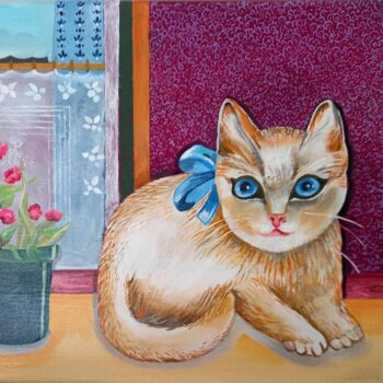 Schilderij getiteld "Un chat tout doux" door Bron Odile, Origineel Kunstwerk, Olie