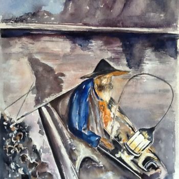 Painting titled "Pêche au lamparo" by Ode, Original Artwork, Watercolor