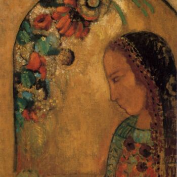 Schilderij getiteld "La Dame aux fleurs" door Odilon Redon, Origineel Kunstwerk, Olie