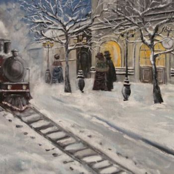 Painting titled "Railway Stantion" by Oksana Gnatyuk, Original Artwork, Oil