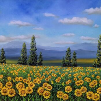Malerei mit dem Titel "Sonnenblumen Landsc…" von Olga Hanns (O. Hanns), Original-Kunstwerk, Öl