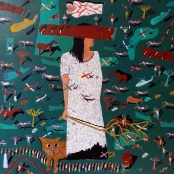Malarstwo zatytułowany „Le chat et la fille.” autorstwa Fernando Cometto, Oryginalna praca, Olej Zamontowany na Drewniana ra…
