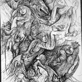 Dessin intitulée "шабаш ведьм на Лысо…" par Oksana Prudnikova, Œuvre d'art originale, Stylo gel