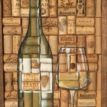 Painting titled "White wine" by Oksana Kovalenkova (PerlaD’Arte), Original Artwork, Wood Mounted on Wood Stretcher frame