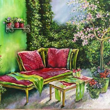 Картина под названием "Уголок лета" - Oksana Almiz, Подлинное произведение искусства, Масло Установлен на Деревянная рама дл…