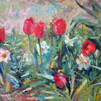Painting titled "Tulips" by Oksana Begma, Original Artwork, Oil