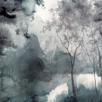 Рисунок под названием "Water in the forest" - Oksana Duchenchuk, Подлинное произведение искусства, Акварель