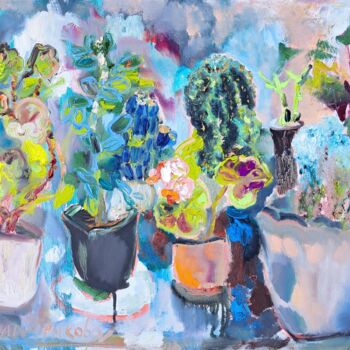 Картина под названием "Пеларгония, кактусы…" - Oksana Golichenkova, Подлинное произведение искусства, Масло Установлен на Де…
