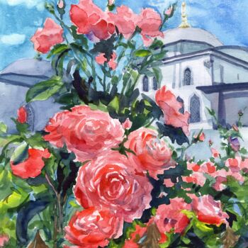 Картина под названием "Roses near Blue Mos…" - Oksana Khyzhniak, Подлинное произведение искусства, Акварель