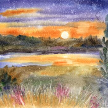 Schilderij getiteld "Sunset on river" door Oksana Khyzhniak, Origineel Kunstwerk, Aquarel