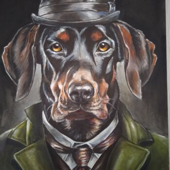 Картина под названием "Пес в шляпе" - Оксана Литовкина, Подлинное произведение искусства, Масло