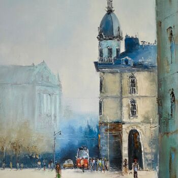 Painting titled "Town Square" by Oksana Lukonina, Original Artwork, Oil Mounted on Wood Stretcher frame