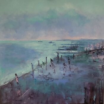 Painting titled "evening sea" by Oksana Lukonina, Original Artwork, Oil Mounted on Wood Stretcher frame