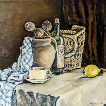 Painting titled "Still life with Lem…" by Oksana Pidgurs Ka, Original Artwork, Oil Mounted on Wood Stretcher frame