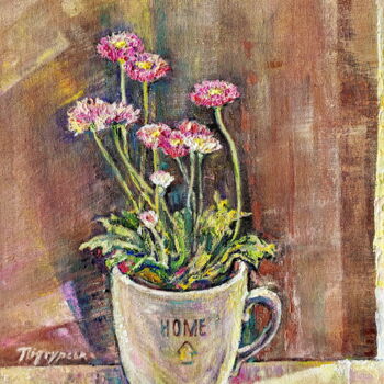Painting titled "At Home" by Oksana Pidgurs Ka, Original Artwork, Oil Mounted on Cardboard