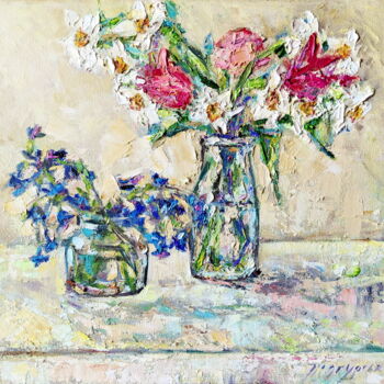 Painting titled "Spring flowers" by Oksana Pidgurs Ka, Original Artwork, Oil Mounted on Wood Stretcher frame