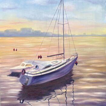 Картина под названием "Sailboats at Sunset" - Oksana Salminen, Подлинное произведение искусства, Масло Установлен на Деревян…