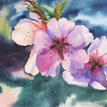 Painting titled "Watercolor almond b…" by Oksana Shkrebets, Original Artwork, Watercolor