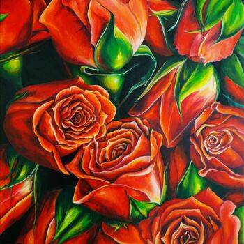 Painting titled "Roses" by Oksana Sklym, Original Artwork, Oil Mounted on Wood Stretcher frame