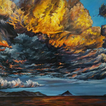 Painting titled "Sky is on fire" by Oksana Sklym, Original Artwork, Oil Mounted on Wood Stretcher frame